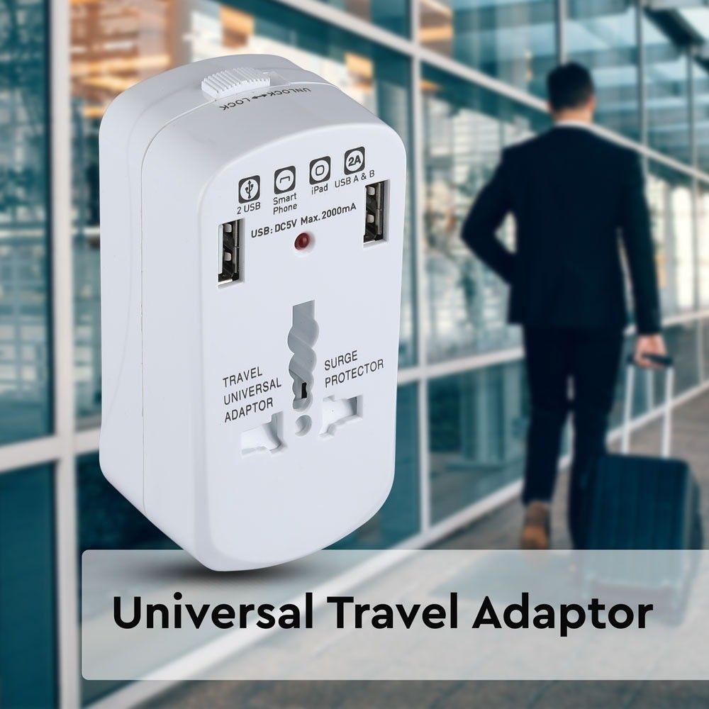 Uniwersalny adapter podróżny z zabezpieczeniem przeciwprzepięciowym z portem 2xUSB 2A, VTAC, SKU 8704