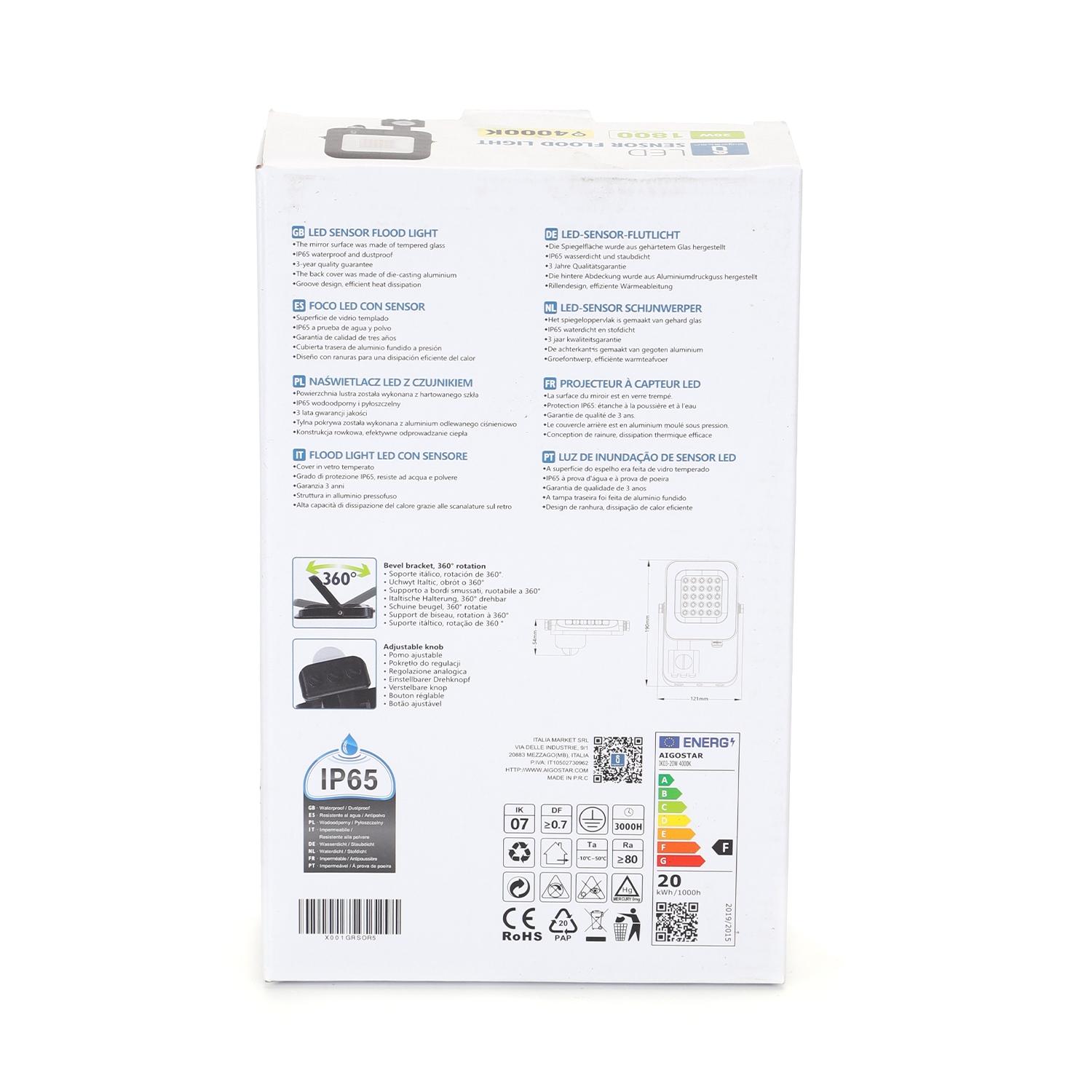 LED Floodlight with Sensor Black 20W