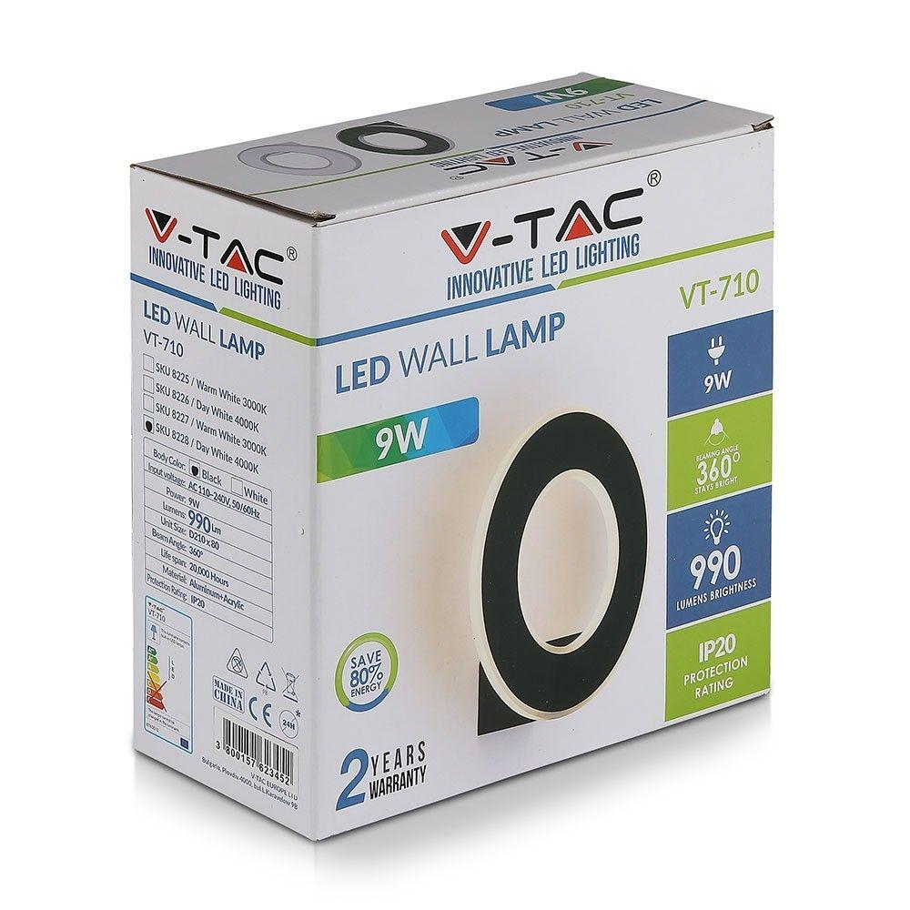 9W Lampa ścienna LED, Barwa:3000K, IP20, Obudowa: Czarna, VTAC, SKU 8227