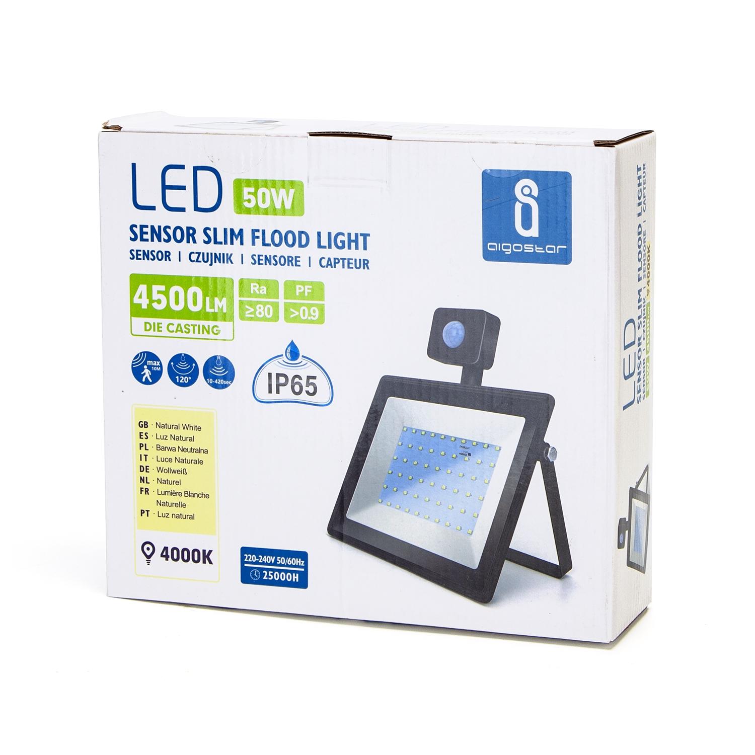 LED Slim Floodlight with Sensor Black 50W (Die-casting)