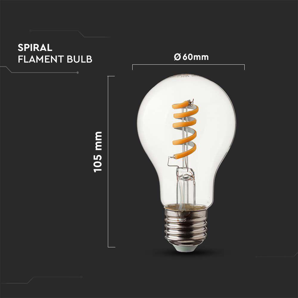 4W Żarówka LED Filament - Spiralna, Klosz: Transparentny, Trzonek:E27, Barwa:3000K, VTAC, SKU 217336