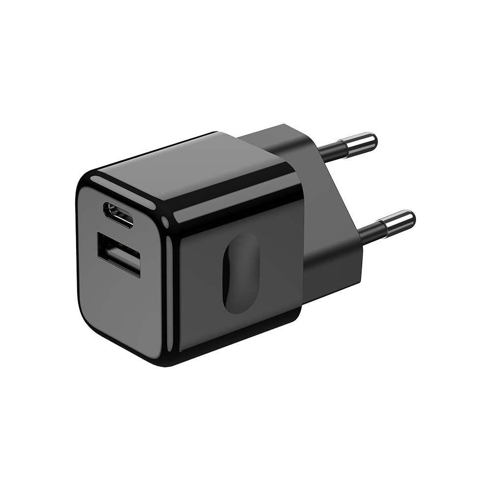 Ładowarka Sieciowa Fast Charger USB + USB C, 20W, Power Delivery, Wtyczka EU, Czarna, VTAC, SKU 6677