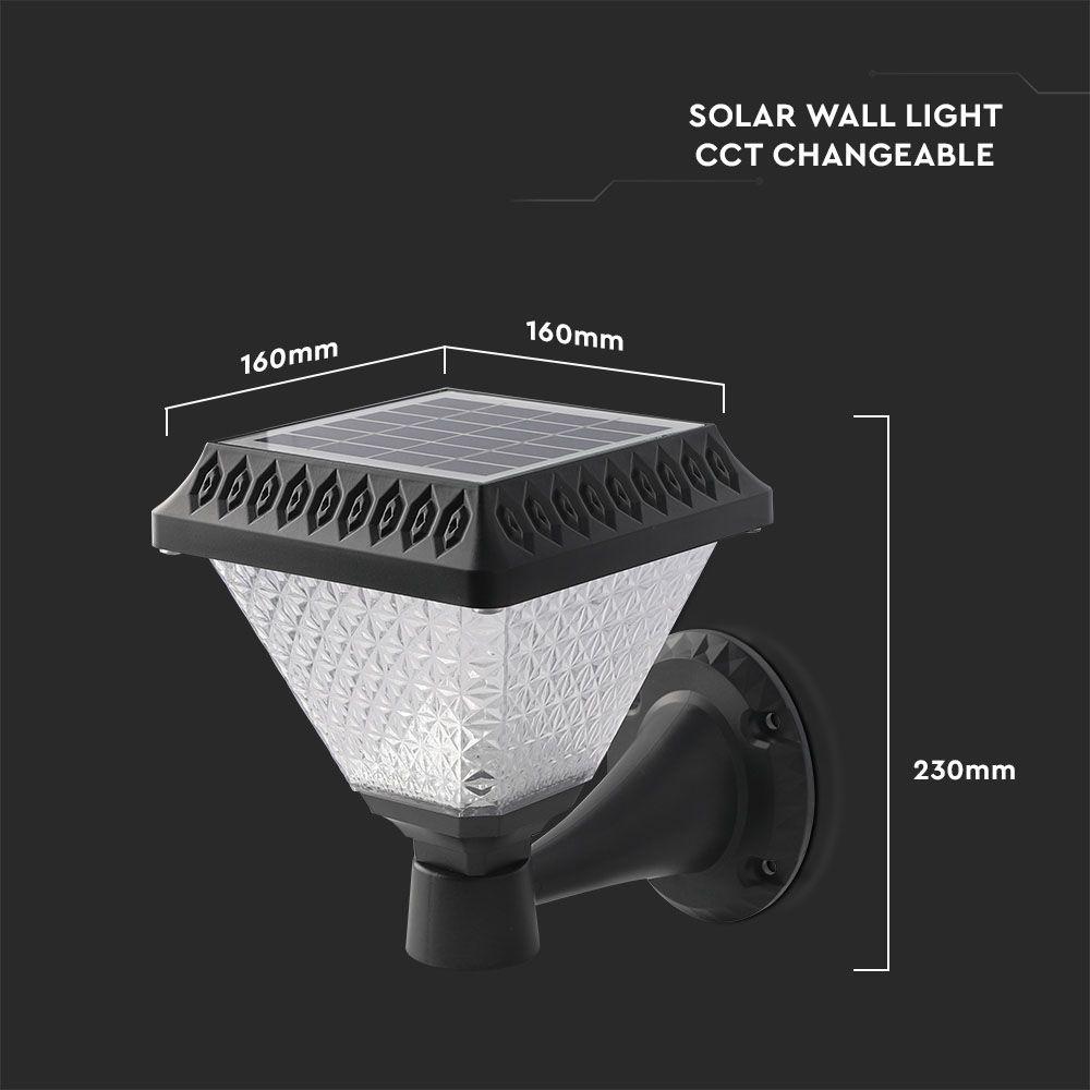 Solarna kinkiet ogrodowy, Wysokość: 230 mm, Obudowa: Czarna, Barwa:3w1, IP44, , VTAC, SKU 93578