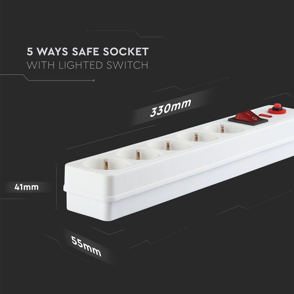 Listwa mieszkaniowa z wyłącznikiem i zabezp. 5 GN., 3x1.5 X 1.4M, Biały, VTAC, SKU 8818