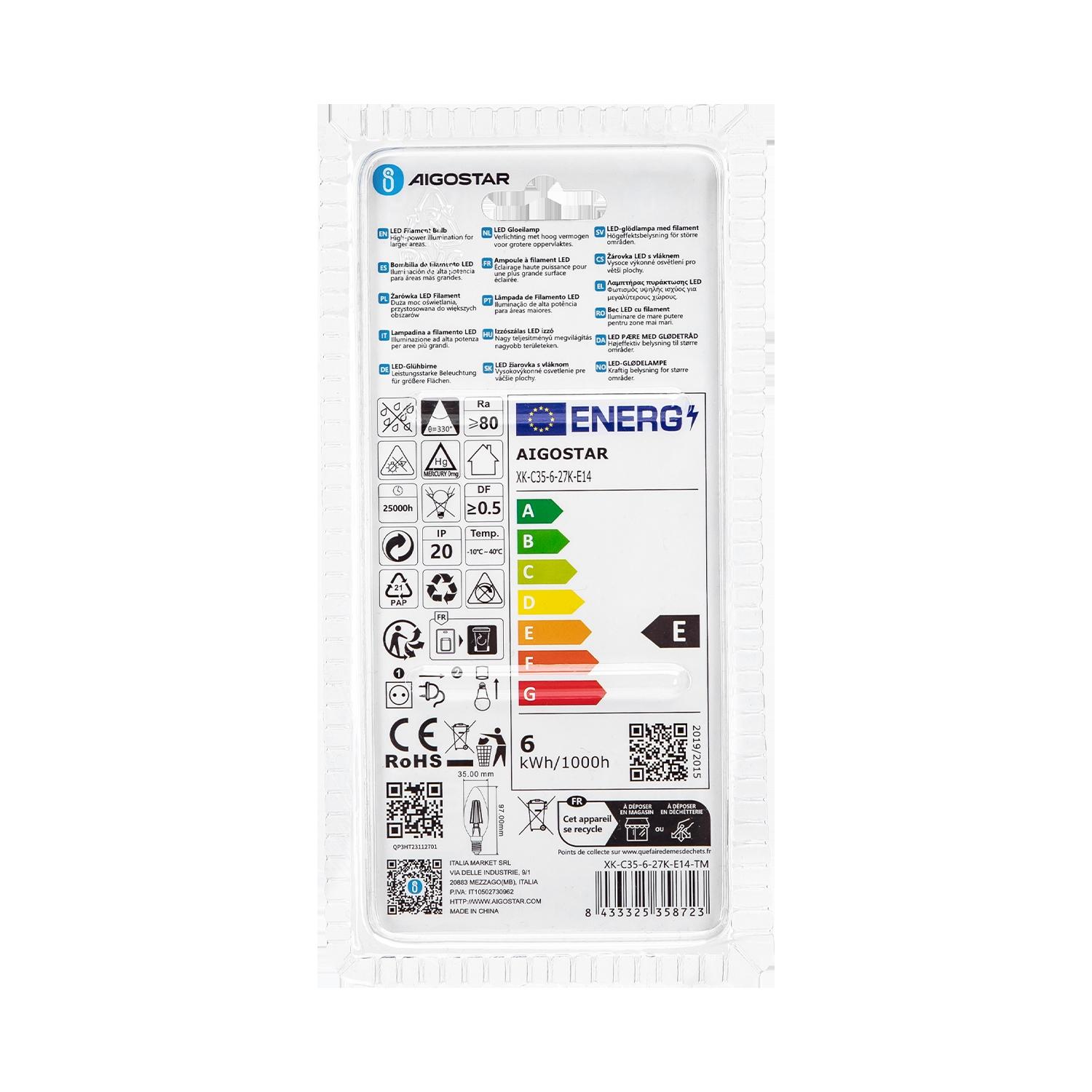 LED Filament Bulb (Clear) C35 E14 6W