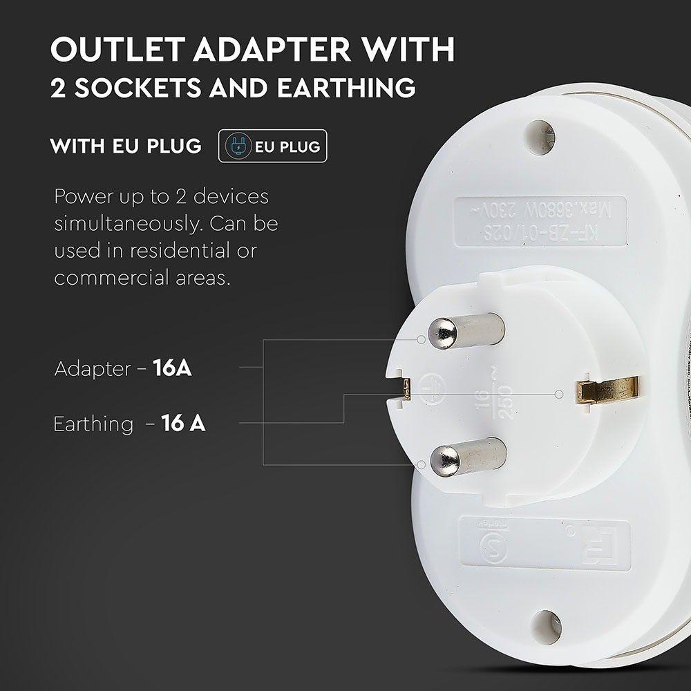 VT-1042 2 OUTLET ADAPTER 16A WITH EARTHING CONTACT 16A-WHITE