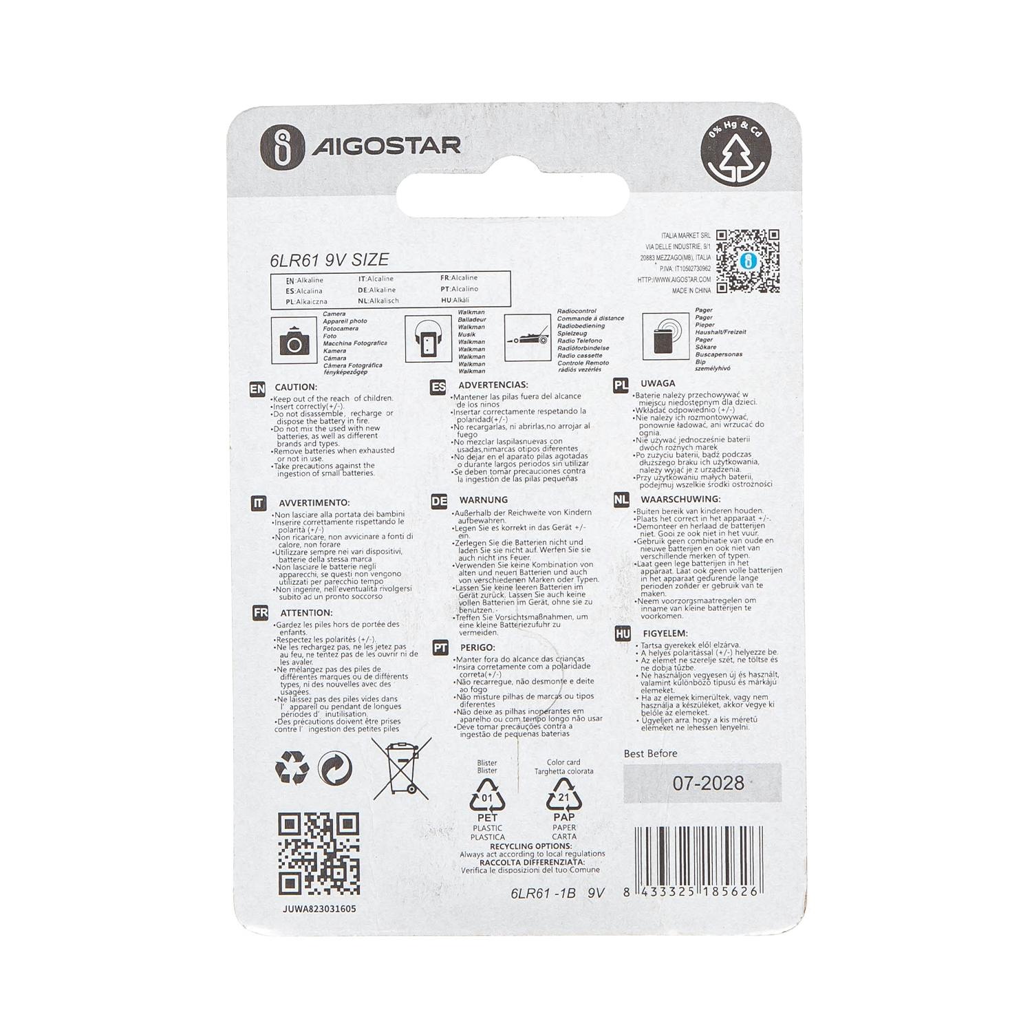 Alkaline battery 6LR61 9V-1B 9V