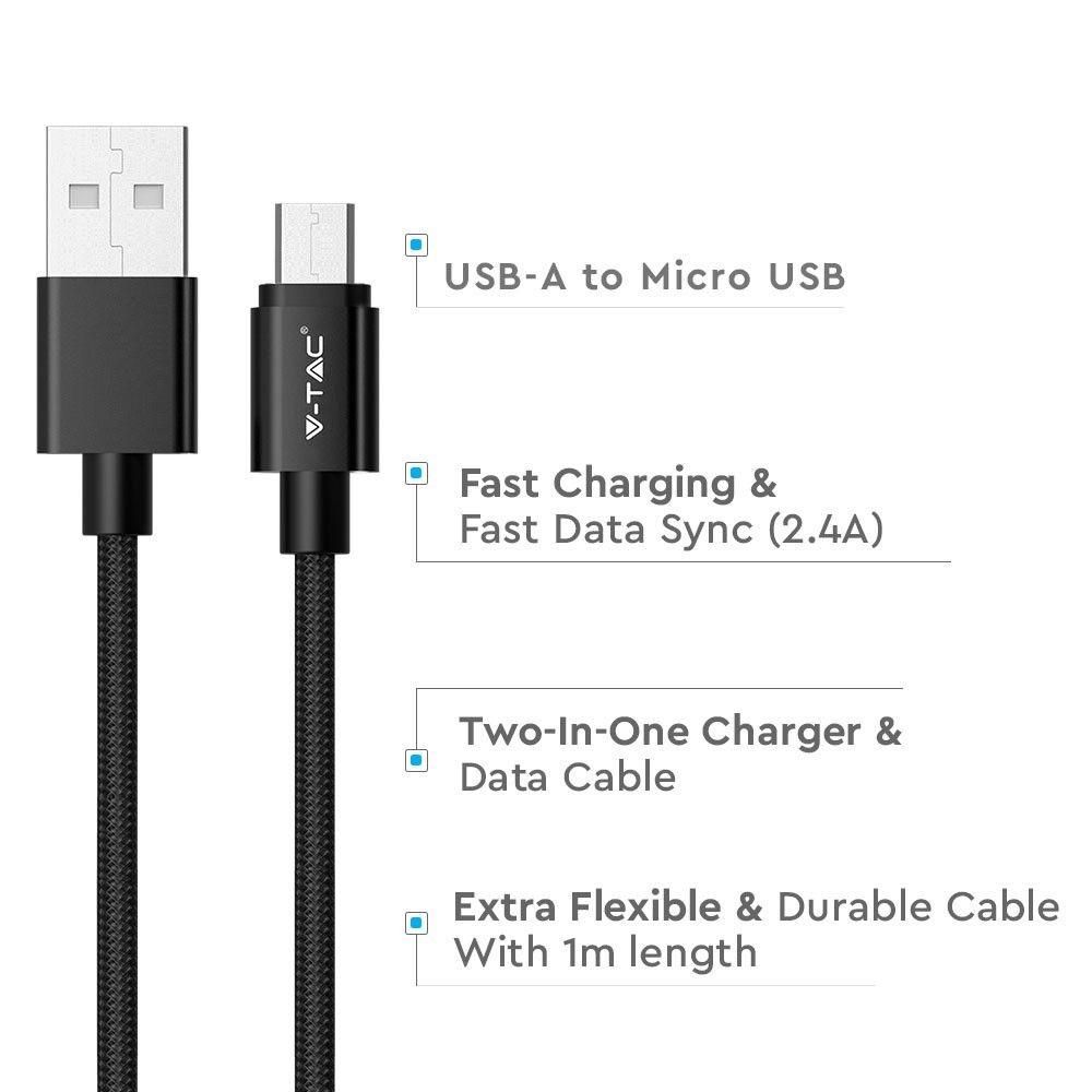 VT-5331 1M MICRO USB BRAIDED NYLON CABLE-BLACK(PLATINUM SERIES)