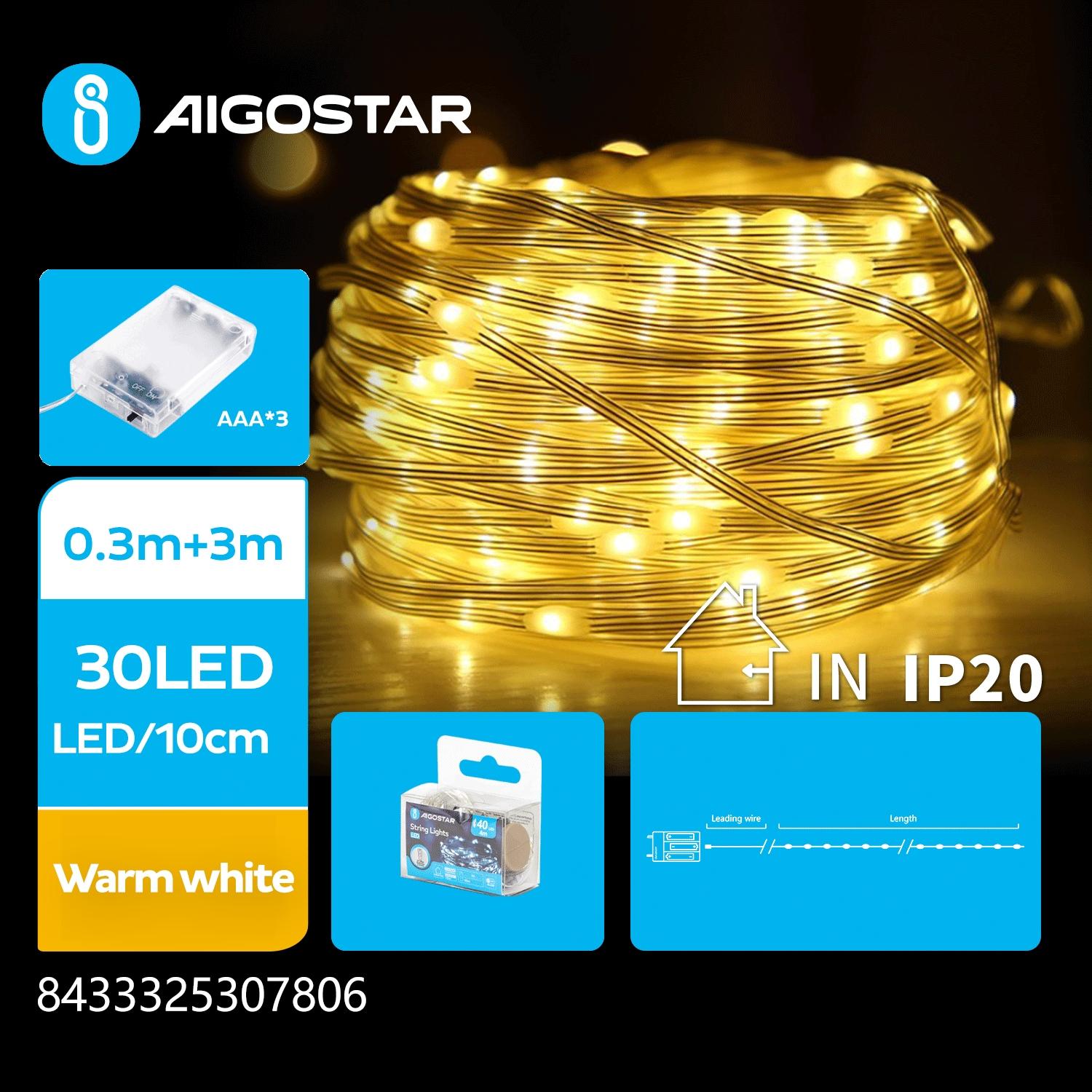 3AA battery string lights (PVC & copper), warm white, 3m