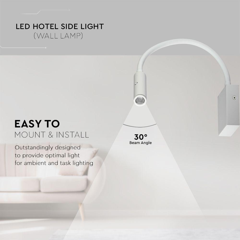 3W Hotelowa lampa Ścienna LED), Barwa: 3000K, Kolor: Biały      , VTAC, SKU 211486