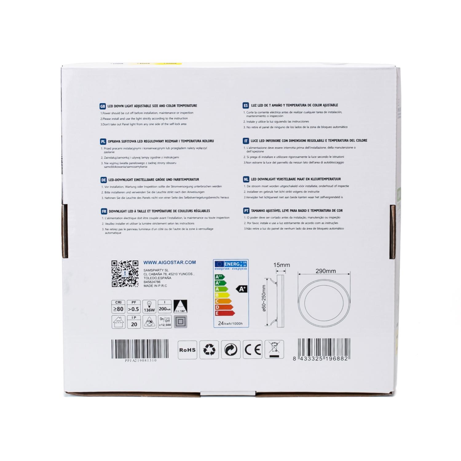 E6 LED Round Downlight 24W Adjustable Size and Color Temperature