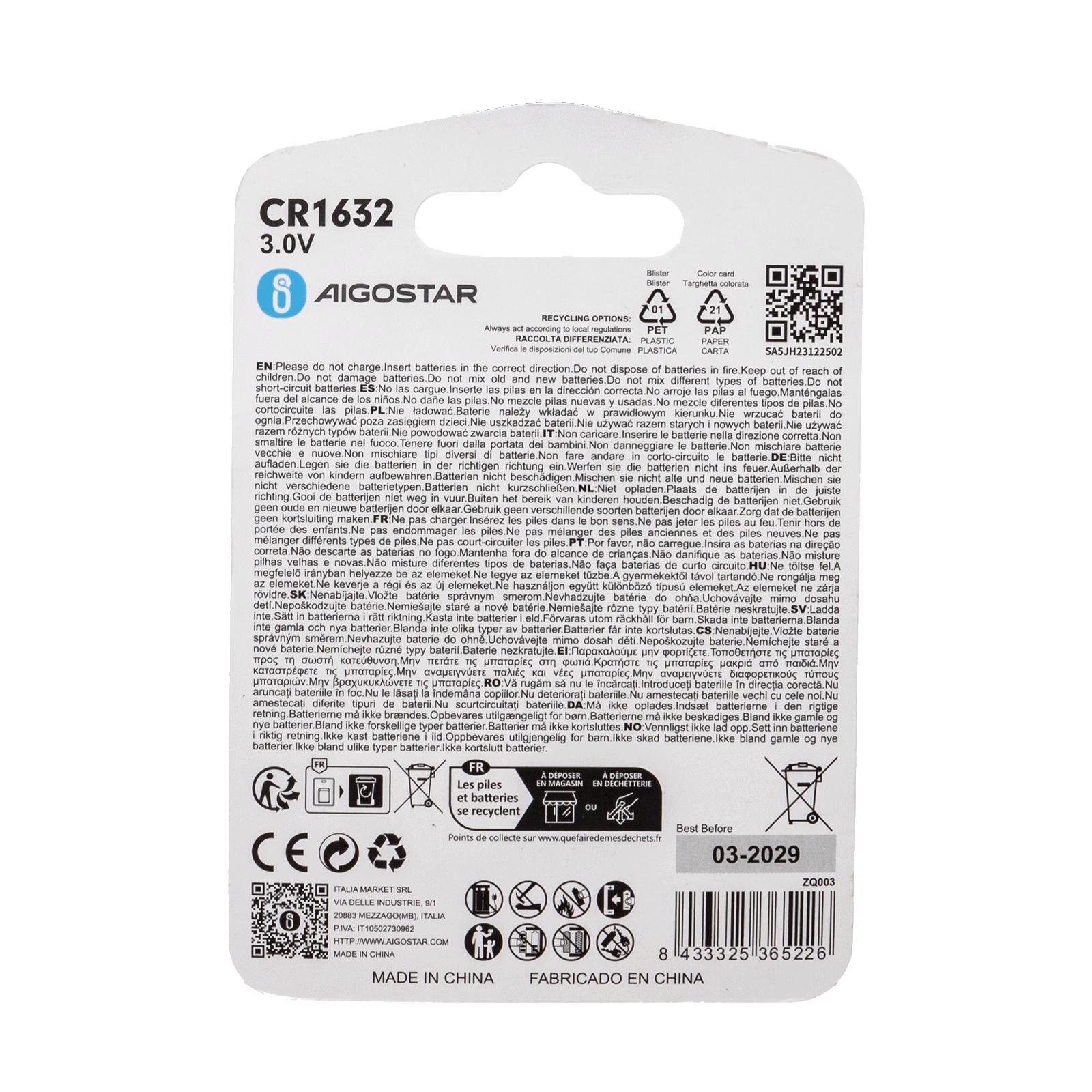 Coin cell batteries CR1632 3.0V 2pcs