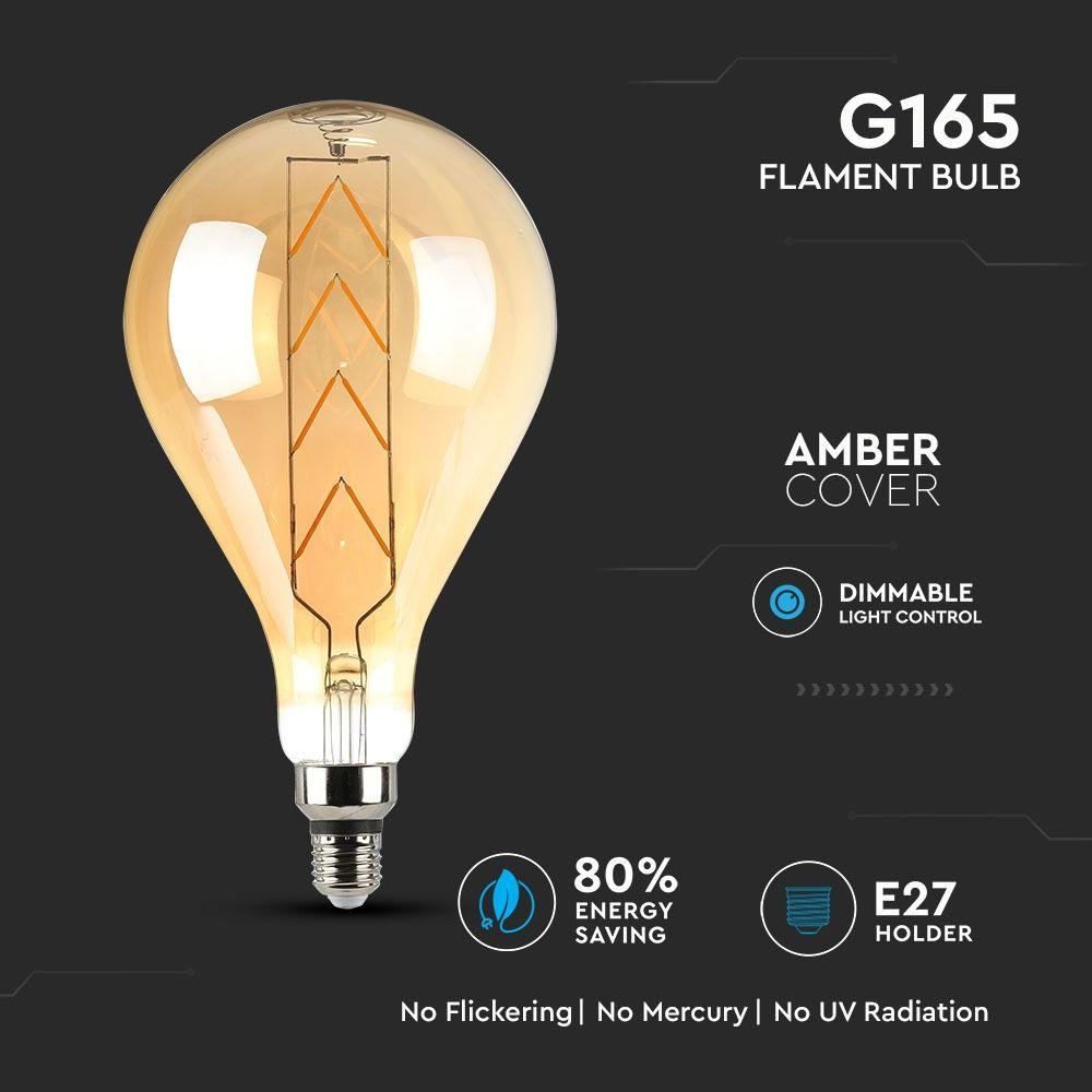 8W Żarówka dekoracyjna LED G165, Klosz: Bursztynowy, Barwa:2200K, Trzonek:E27, VTAC, SKU 45641