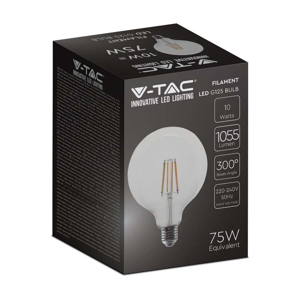 10W G125 Żarówka LED Filament, Klosz Transparentny, Barwa:4000K, Trzonek:E27, VTAC, SKU 214423