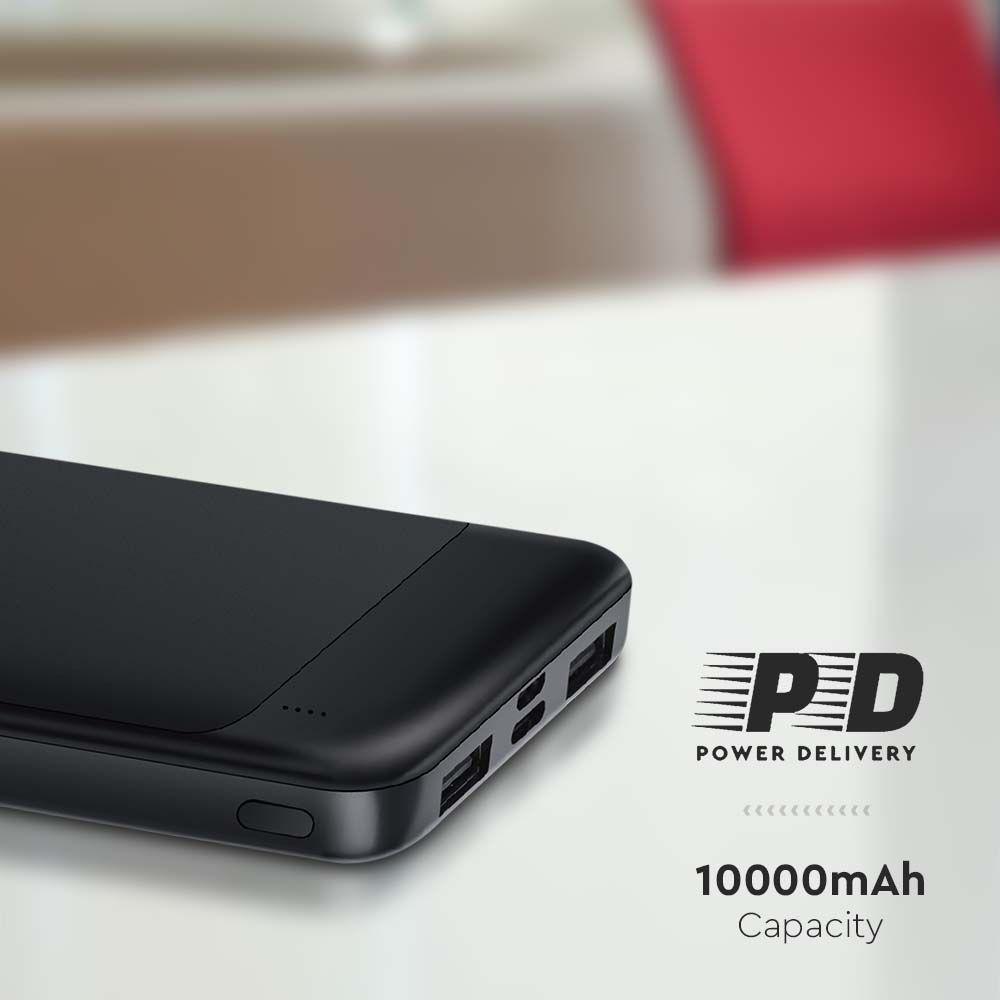 Power Bank 2xUSB + typ: C, Micro USB, Szybkie ładowanie, Litowo Polimerowy - 10000mAh, Czarny, VTAC, SKU 7833