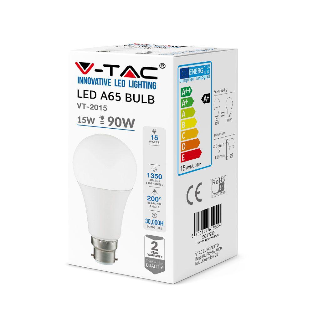 VT-2015 15W A65 LED PLASTIC BULB 2700K B22 200'D