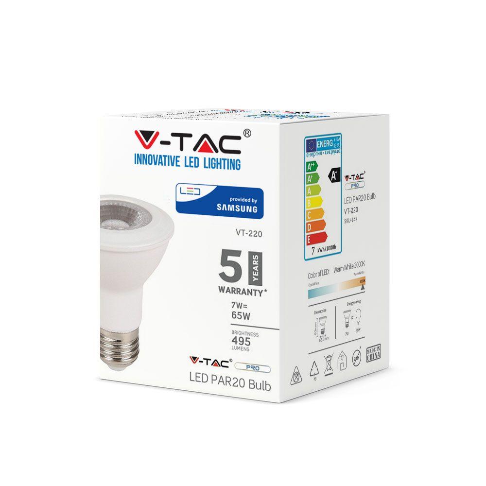 VT-220 7W PAR 20 PLASTIC BULB-SAMSUNG CHIP 6400K E27