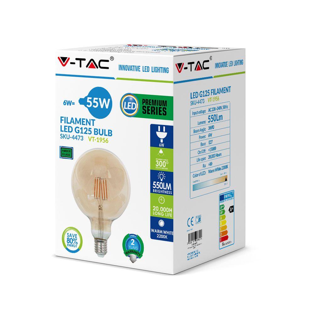 4W LED G125 Żarówka LED Filament, Klosz: Bursztynowy, Barwa:2200K, Trzonek:E27, VTAC, SKU 4473