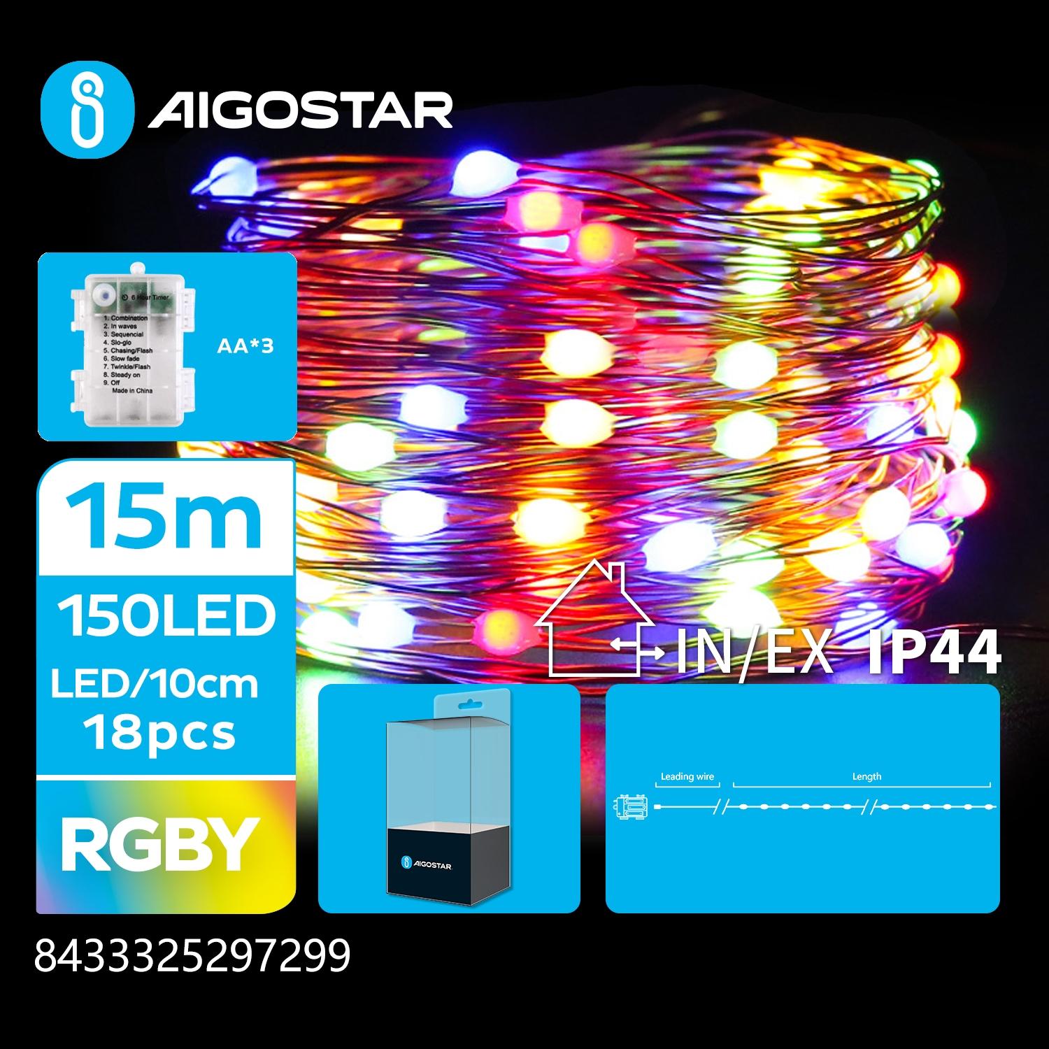 3AA battery copper wire string lights, RGBY, 15m