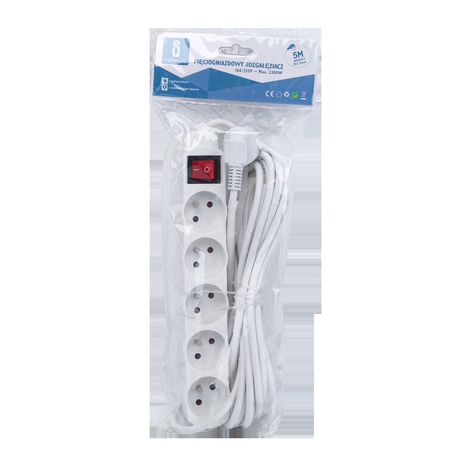 Power strips 5-way 5m H05VV-F 3G1.0m㎡ White