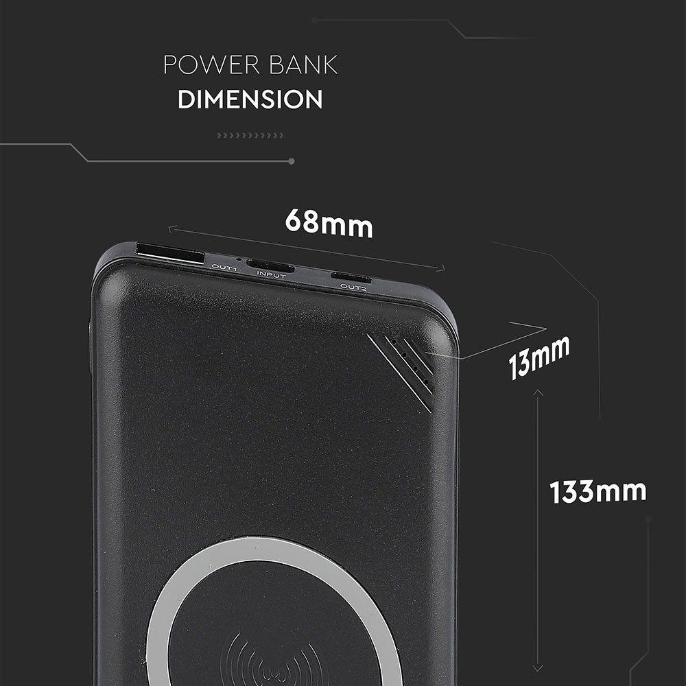 Power Bank z wyświetlaczem LED i ładowaniem indukcyjnym USB + typ: C, 3.7V/10000mAh, Czarny, VTAC, SKU 8909