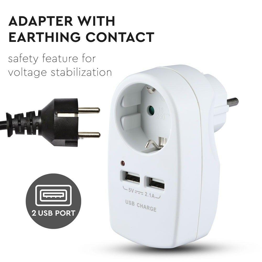 VT-1044 EU TYPE PLUG ADAPTER WITH EARTHING CONTACT & CHARGING INTERFACE-WHITE