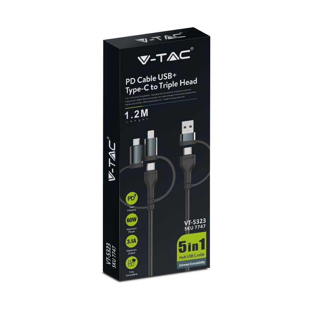 Przewód USB z adapterem 5w1 typ: C, Micro, Lightning, Fast Charging, 1.2m, Czarny, VTAC, SKU 7747