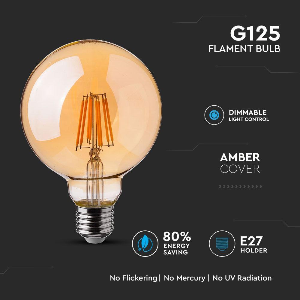 8W G125 Żarówka LED Filament, Klosz Bursztynowy, Barwa:2200K, Trzonek:E27, VTAC, SKU 7155