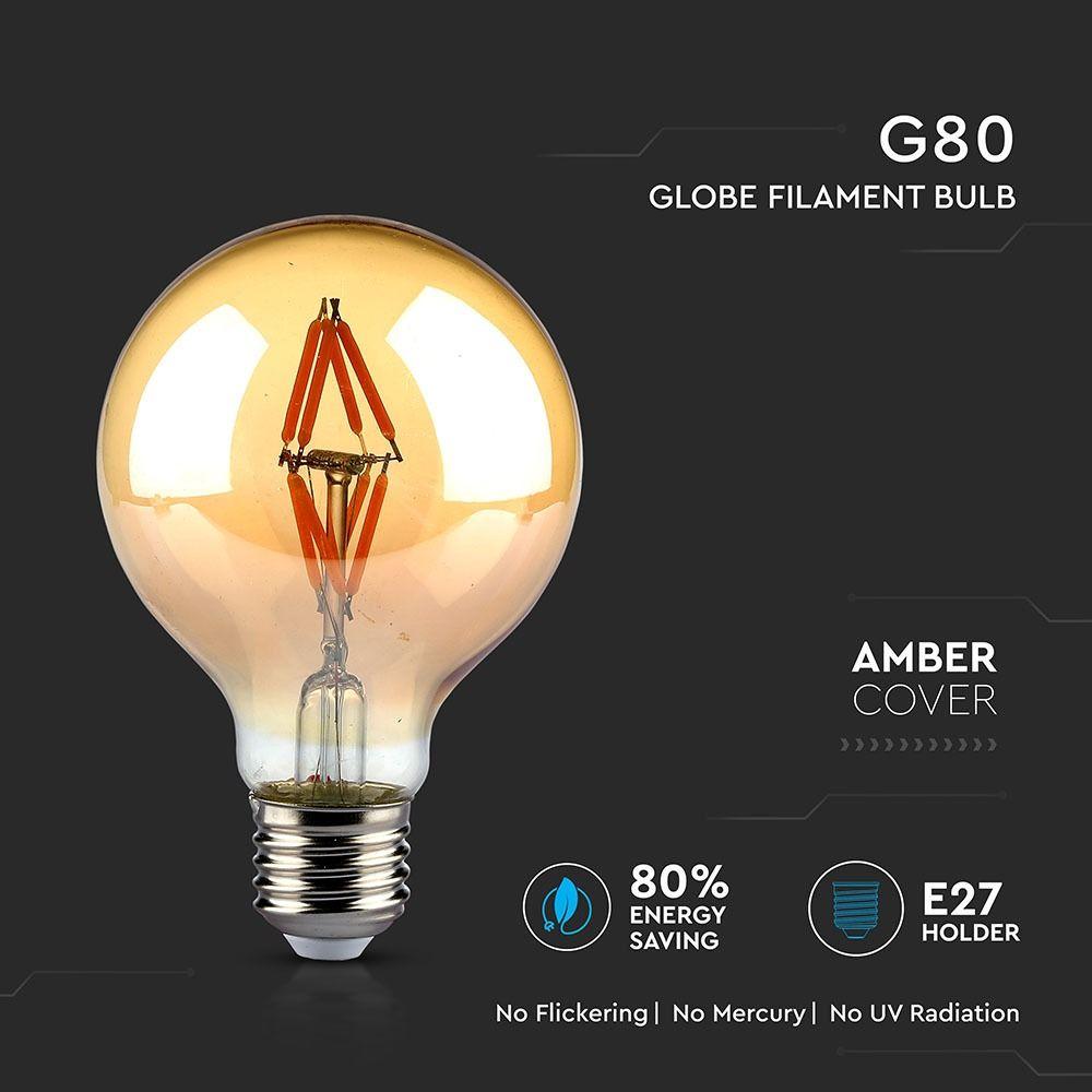 4W G80 Żarówka LED Filament, Klosz Bursztynowy, Barwa:2200K, Trzonek:E27, VTAC, SKU 7148