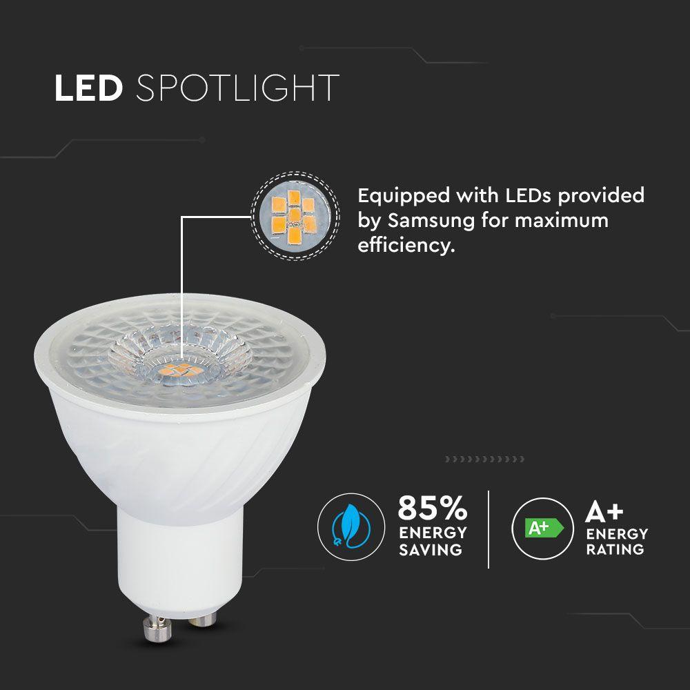 6.5W GU10 Żarówka LED, Chip SAMSUNG, Barwa:4000K, Kąt 110', Ściemniana, Trzonek:GU10, VTAC, SKU 199