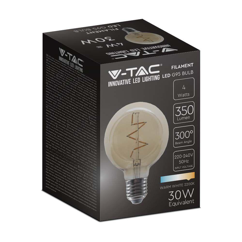 4W G95 Żarówka LED Filament, Klosz Bursztynowy, Barwa:2200K, Trzonek:E27, VTAC, SKU 217146