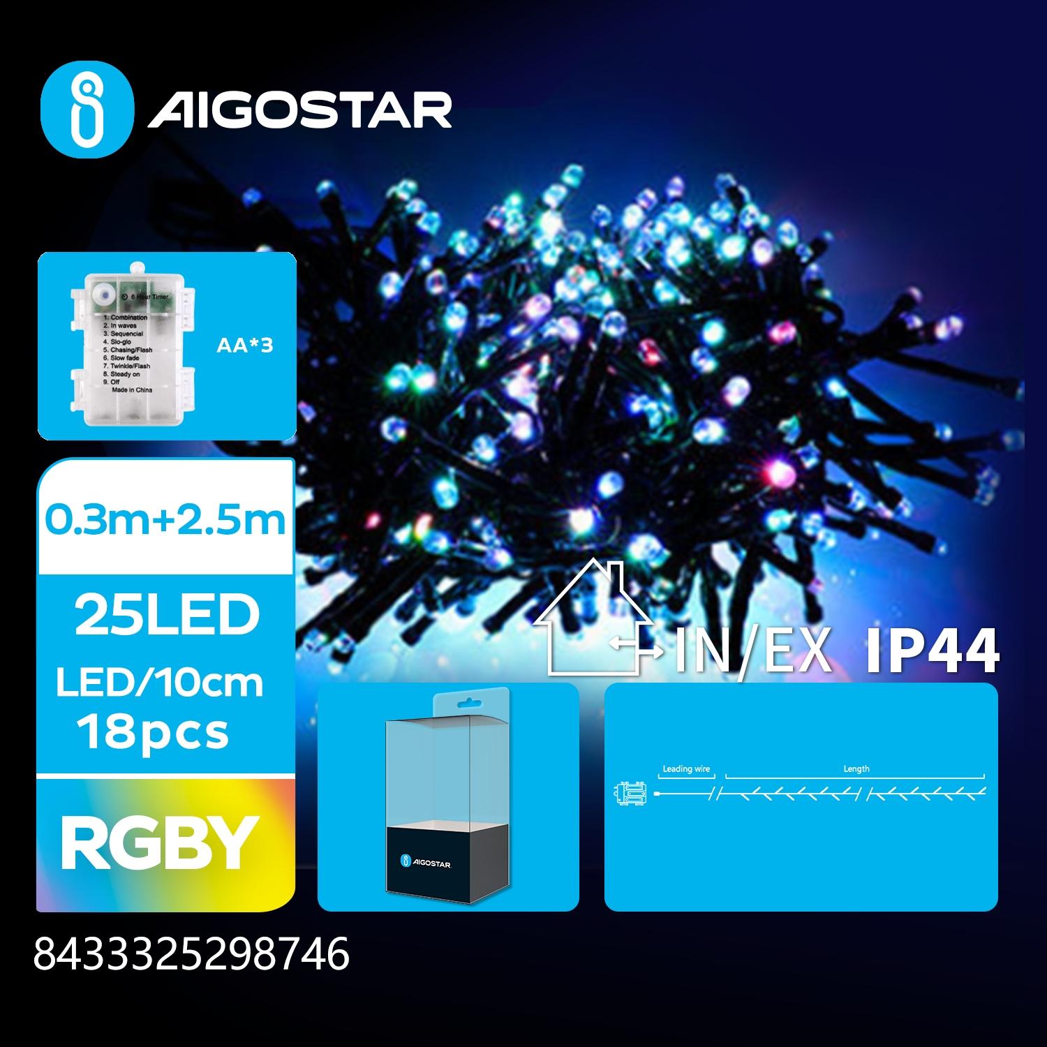 3AA battery firecracker string lights, RGBY, 2.5m