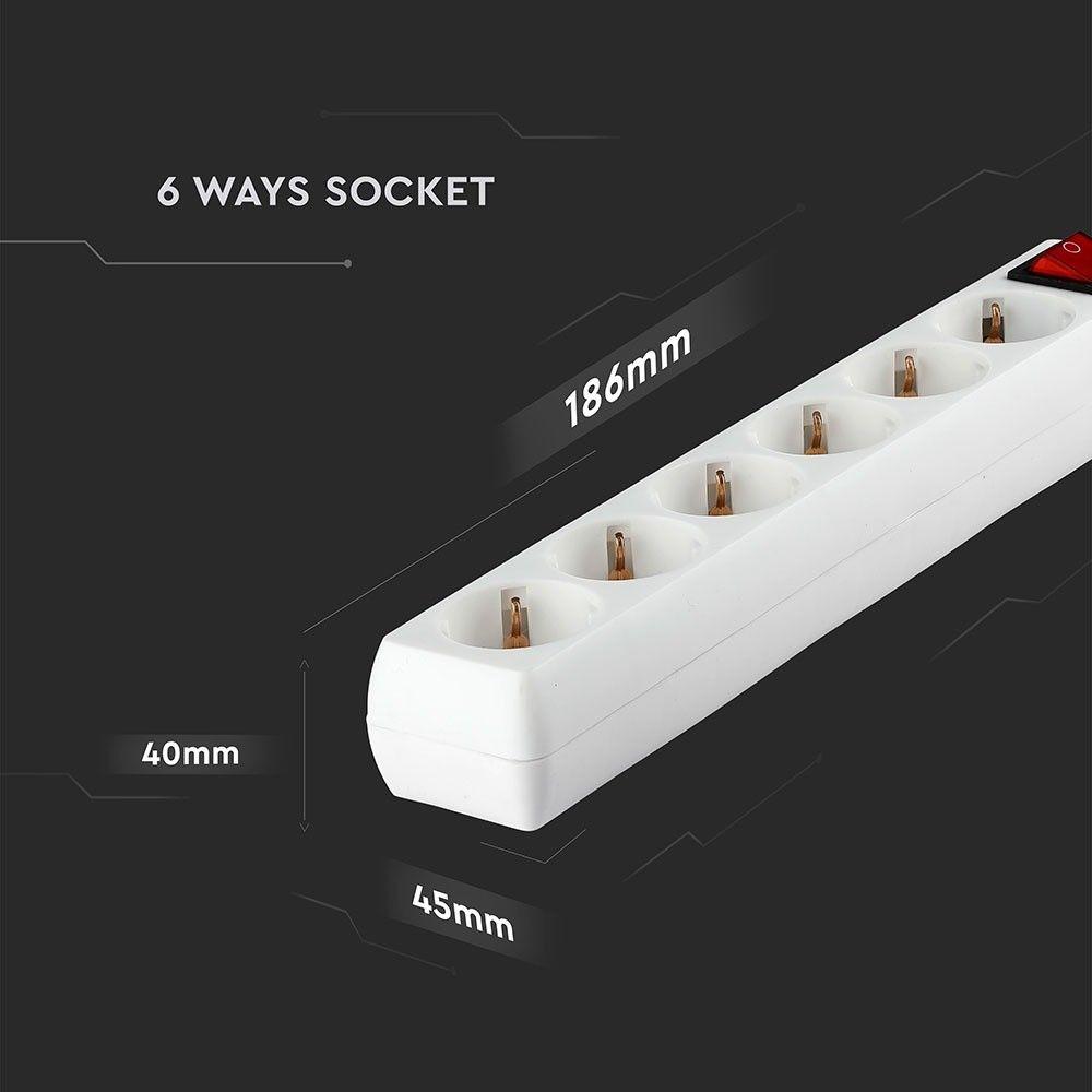 Przedłużacz mieszkaniowy z wyłącznikiem 6 GN., 3x1.5 G. X 5M, Biały, VTAC, SKU 8769