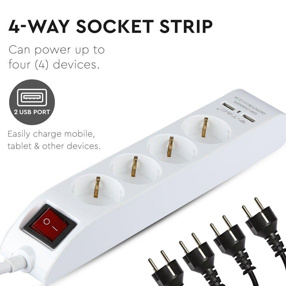 VT-1144-2 4 WAYS SOCKET WITH 2 USB PORTS(3G1.5MMX1.4M)-WHITE