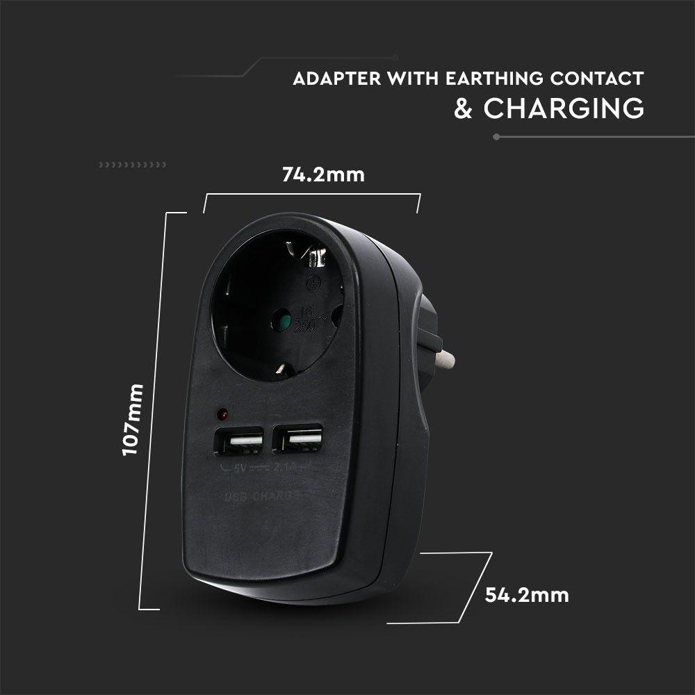 VT-1044 EU TYPE PLUG ADAPTER WITH EARTHING CONTACT & CHARGING INTERFACE-BLACK