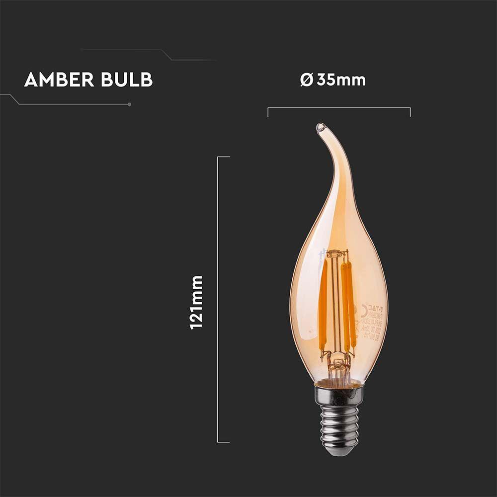 4W C35 Żarówka LED Filament, Klosz: Bursztynowy kręcony płomyk, Barwa:2200K, Trzonek:E14, VTAC, SKU 7114