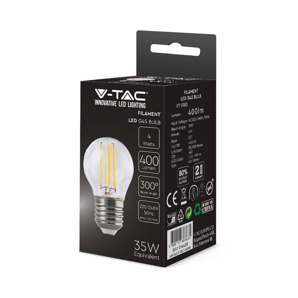 4W G45 Żarówka LED Filament, Klosz Transparentny, Barwa:6500K, Trzonek:E27, VTAC, SKU 214428