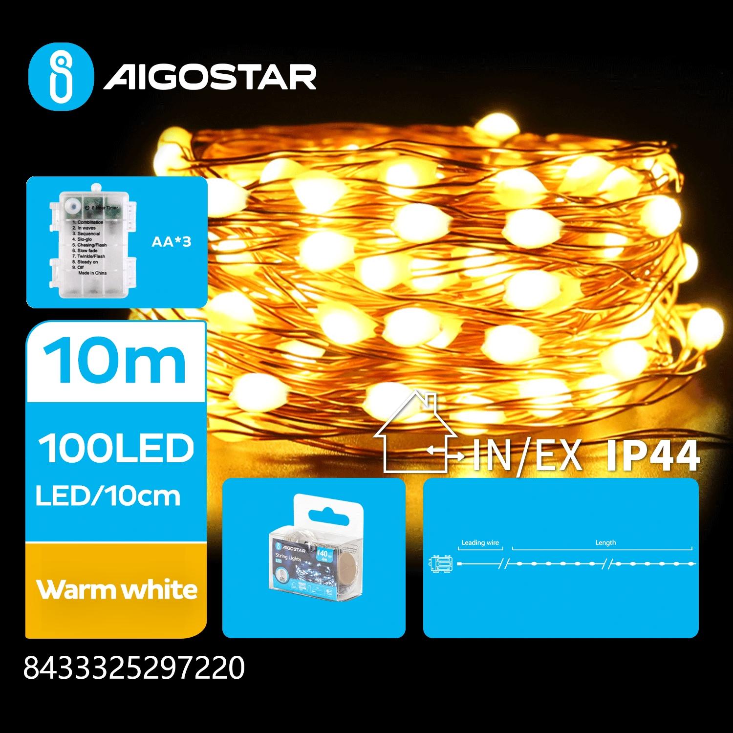 3AA battery copper wire string lights, warm white, 10m