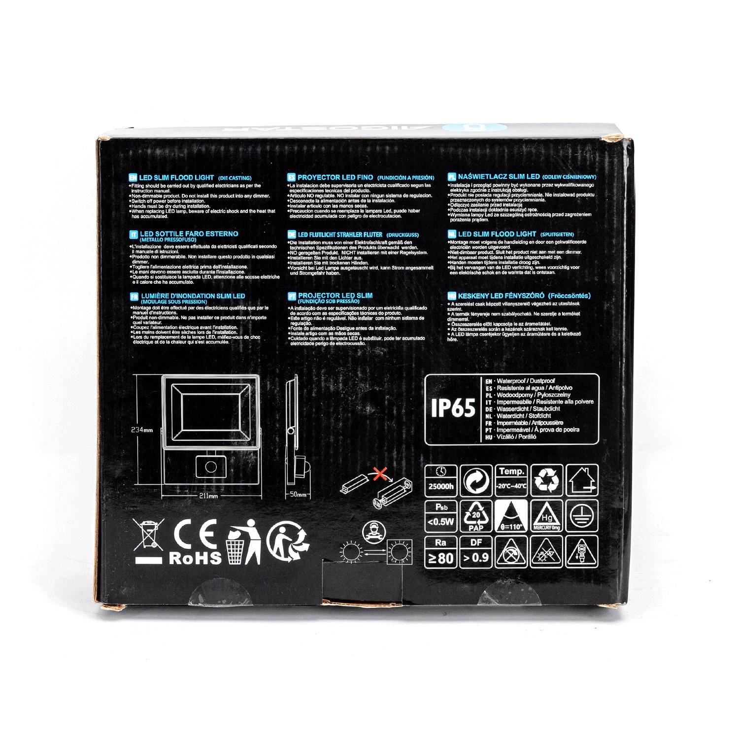 LED Slim Floodlight with Sensor Black 50W (Die-casting)