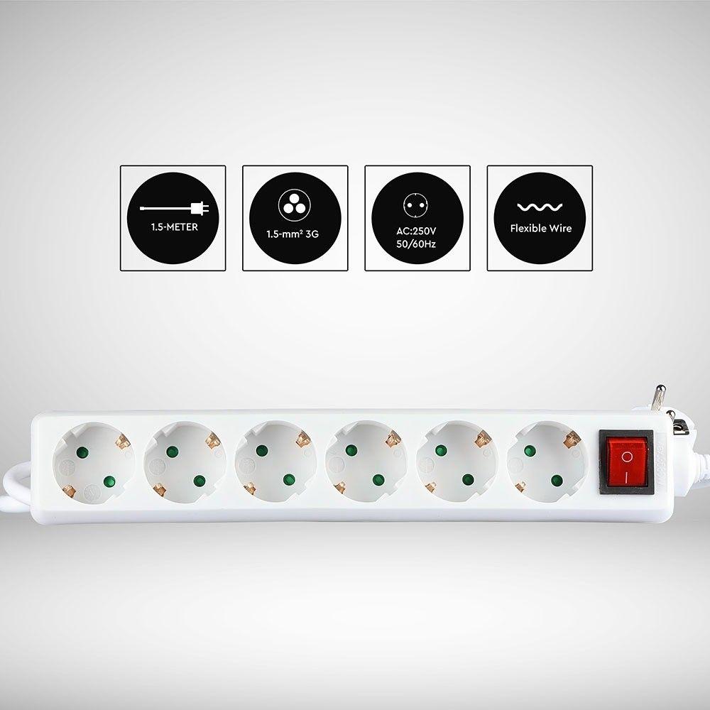 Przedłużacz mieszkaniowy z wyłącznikiem 6 GN., 3x1.5 G. X 1.5M, Biały, VTAC, SKU 8768