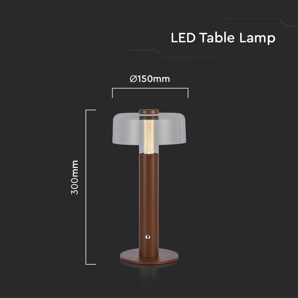 Lampka nocna LED zasilana bateryjnie, Wysokość:30cm, Bateria 1800mAh, Ściemnianie przez dotyk, Barwa:3000k, Obudowa: Brązowa, VTAC, SKU 7945