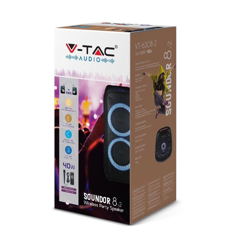 40W Przenośny głośnik karaoke bluetooth, gniazdo USB, slot na kartę micro SD/gniazdo AUX/Mikrofon/Podświetlenie LED, VTAC, SKU 8980