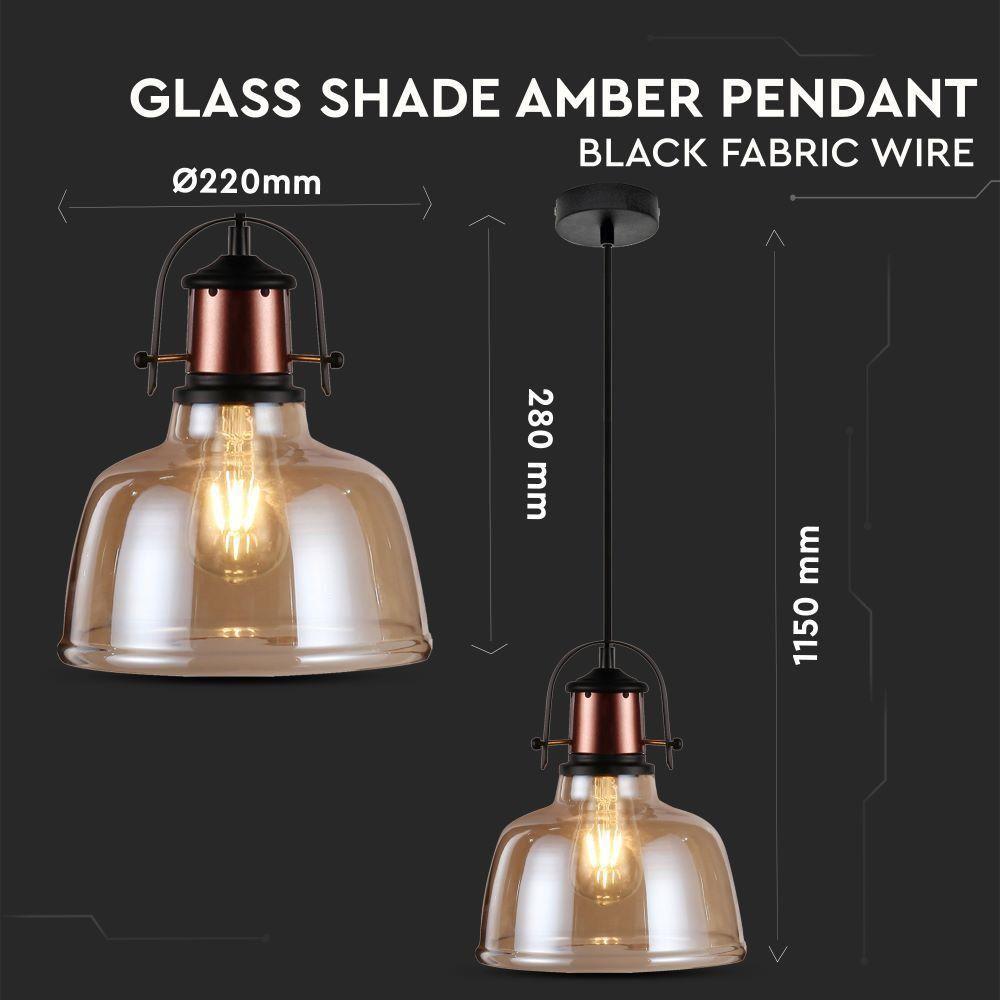 VT-7220 GLASS SHADE AMBER PENDANT LIGHT-BLACK FABRIC WIRE-E27