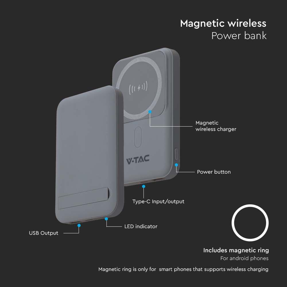 Power Bank Magnetyczny kompatybilny z iPhone 12 i wyższymi modelami, Kolor: Szary, 10000mah , VTAC, SKU 23040