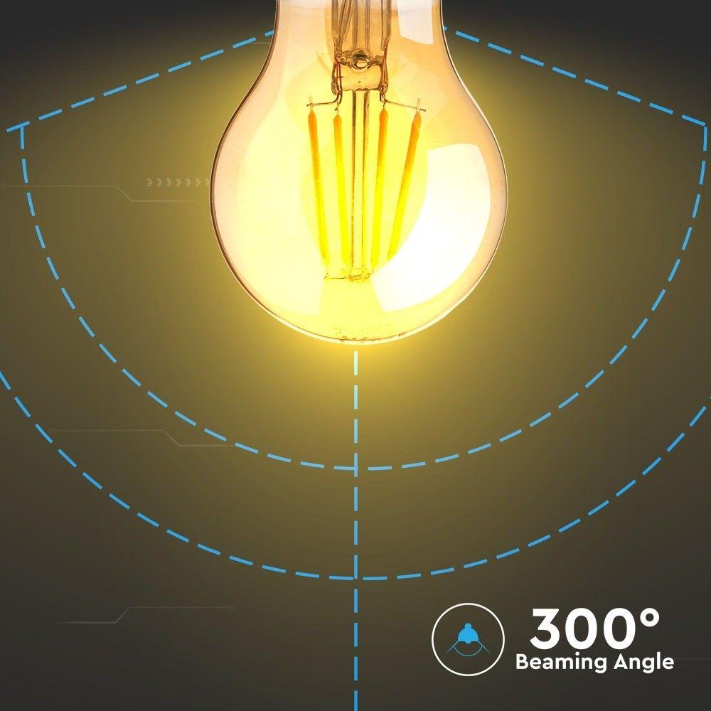 6W A60 Żarówka LED Filament, Klosz Bursztynowy, Chip SAMSUNG, Barwa:2200K, Trzonek:E27, VTAC, SKU 286