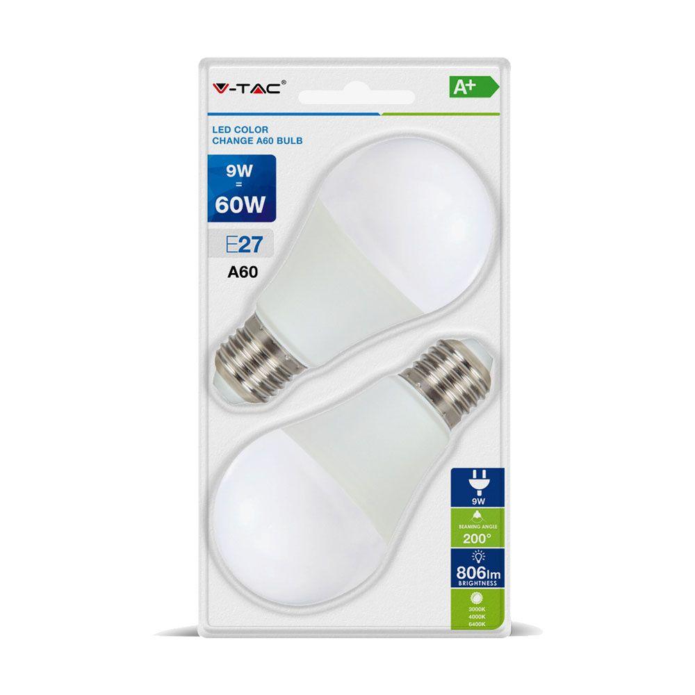 9W A60 Żarówka LED 9W, Barwa: 3w1, Blister 2 szt., Trzonek:E27, VTAC, SKU 7309