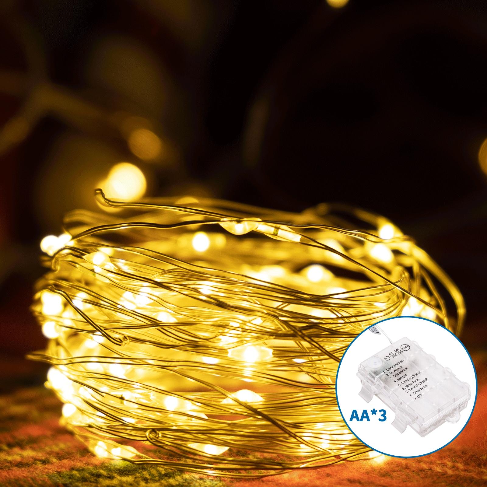 3AA battery copper wire string lights, warm white, 15m