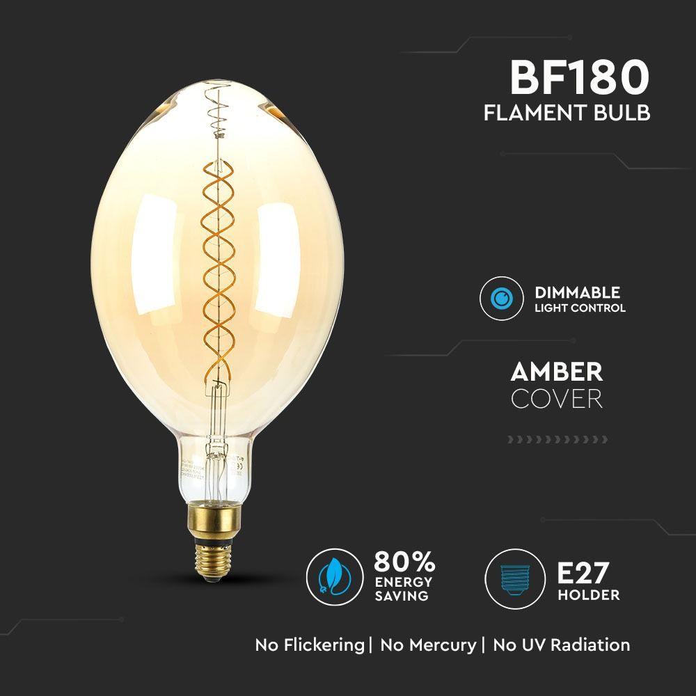 8W Żarówka dekoracyjna LED BF180, Klosz: Bursztynowy, Barwa:2000K, Ściemniana, Trzonek:E27, VTAC, SKU 7463