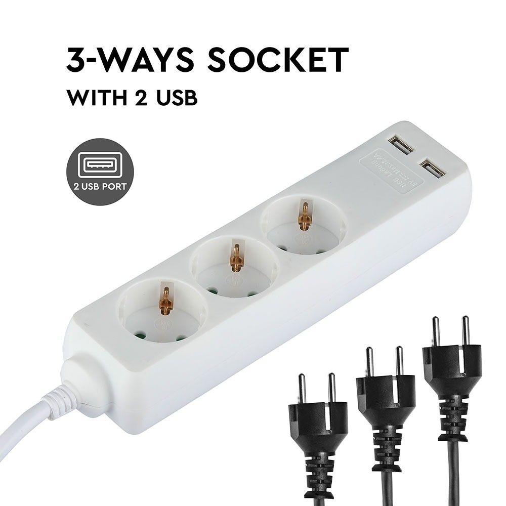 Przedłużacz mieszkaniowy 3 GN. Z portem 2xUSB, 3x1.5 X1.5M/ Biały, VTAC, SKU 8774