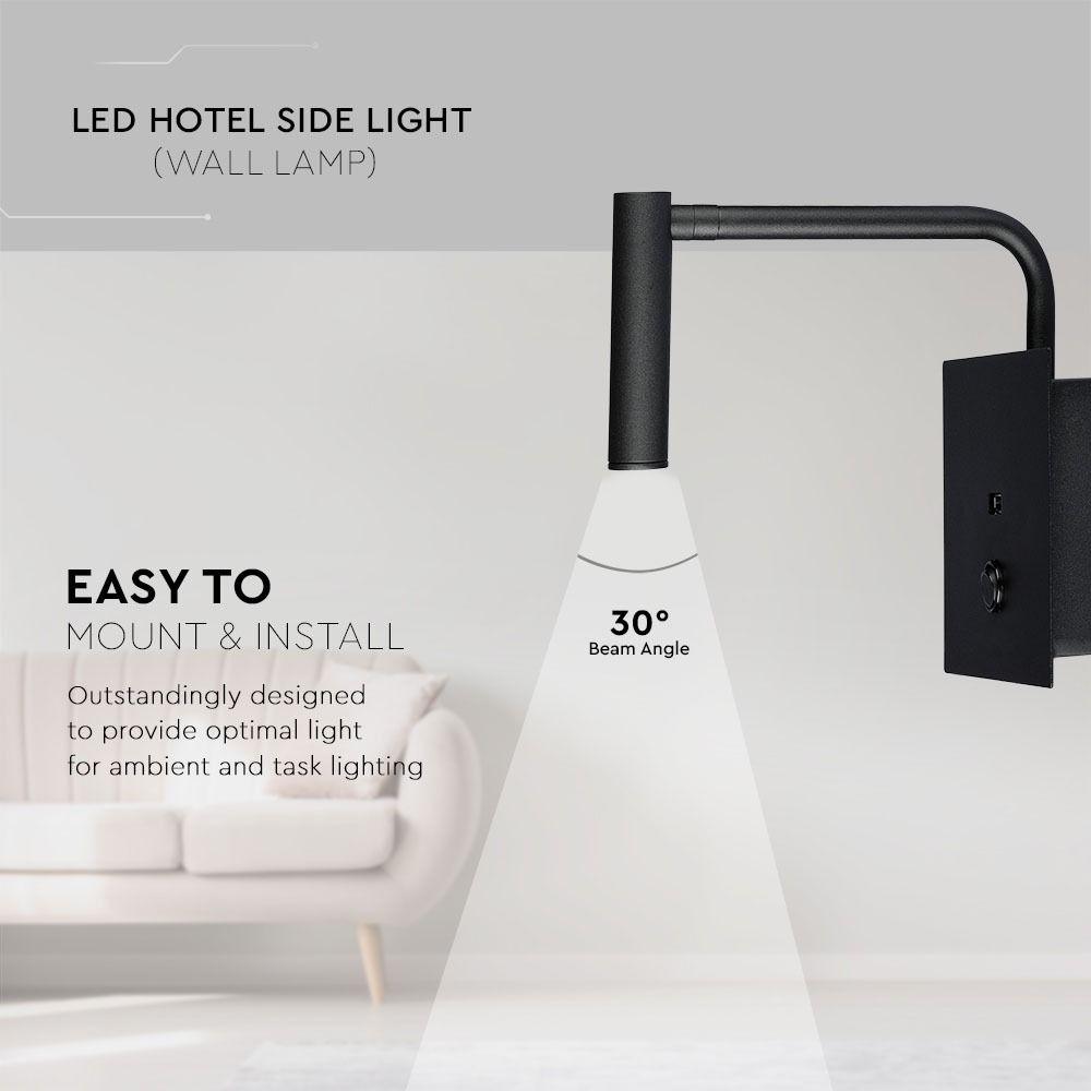 3W Kinkiet hotelowy LED z włącznikiem i gniazdem USB, Barwa:3000K, Czarny, VTAC, SKU 1487